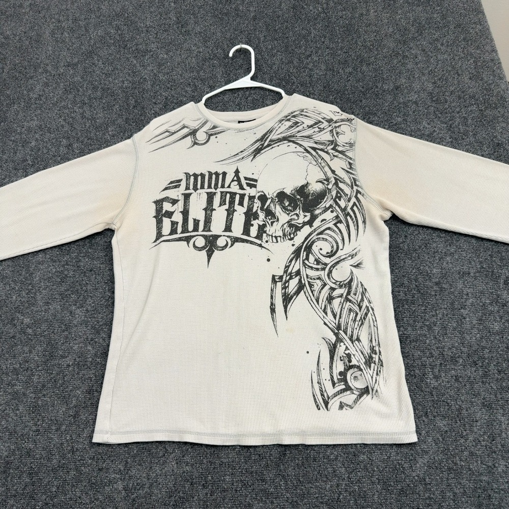 MMA Elite Shirt Mens XL White Thermal Waffle Knit Skull Graphic Y2K MMA Style